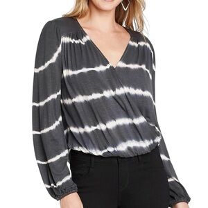 Knox Rose Surplice Gray White Tie Dye Boho Stretch Long Sleeve Top XL